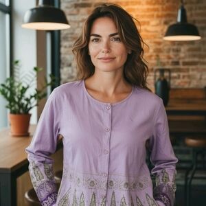 Anthony Original Women Top Purple Small Embroidered Cotton Button Down